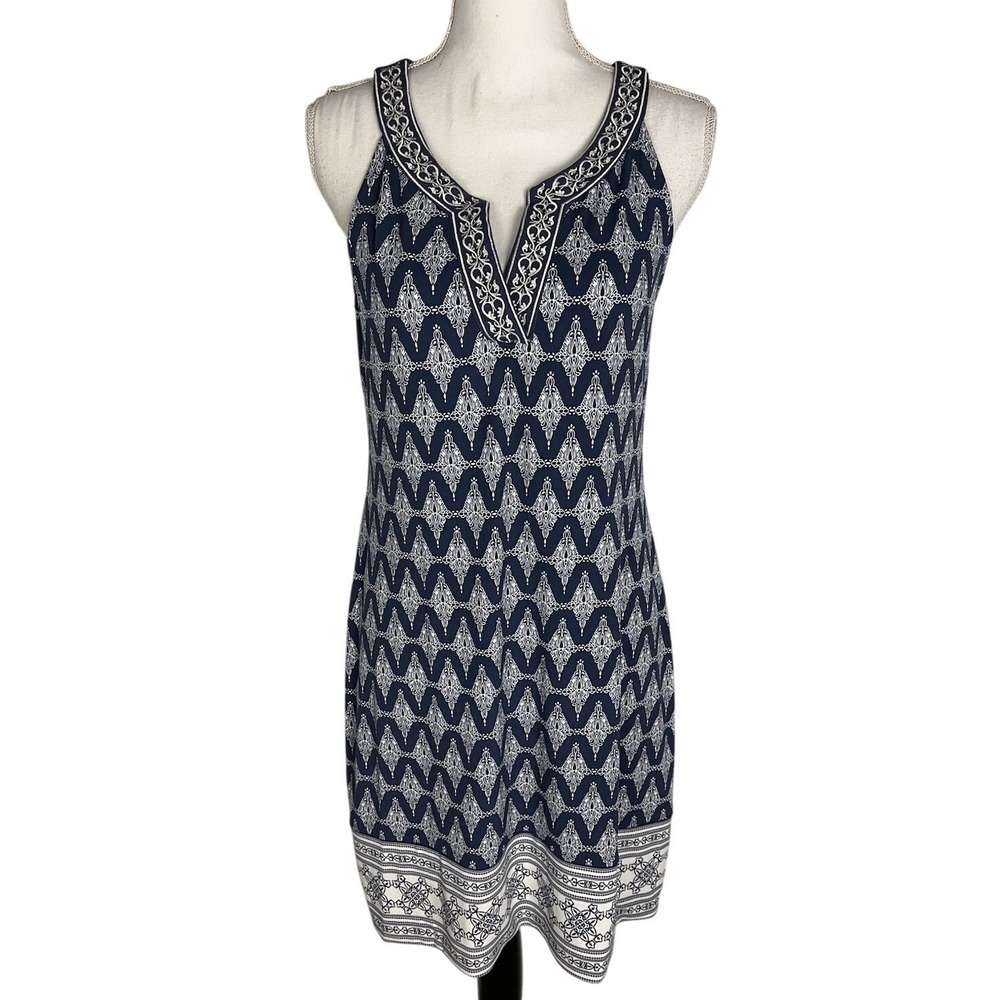 New MAGNOLIA GRACE MP Blue‎ White Alhambra Embroidered Trim Dress Women